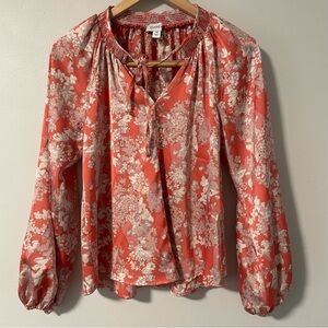 Evereve Coral‎ Salmon Pink Smocked Neck Tie Front Puff Sleeve Peasant Blouse XS